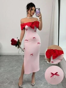 Rafferiza Robe midi ajustée avec épaules dénudées, nœud décoratif et fente latérale, dans un style blocs de couleurs élégant, parfaite pour la Saint-Valentin