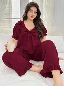 Plus Size Loose Bowknot Decor Ruffle Trim Casual Top & Pants Pajama Set, Outfits - Red - View 3