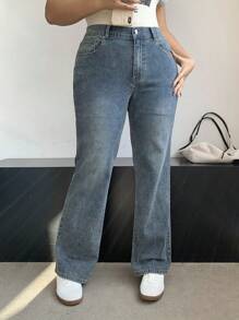 Dazy Petite Plus Stone-Washed Slim Fit Flared Jeans, Suitable For All Seasons - Medium Wash - View 6