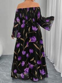 Modelyn Plus Size Chiffon Off Shoulder Bell Sleeve A-Line Dress, Floral Print, Suitable For Spring/Summer - Multicolor - View 2