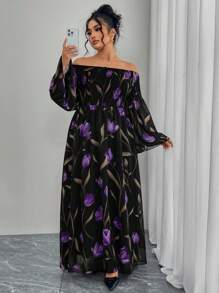 Modelyn Plus Size Chiffon Off Shoulder Bell Sleeve A-Line Dress, Floral Print, Suitable For Spring/Summer - Multicolor - View 5