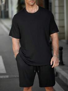 Manfinity Homme Plus Size Men's Solid Color Crew Neck Short Sleeve T-Shirt And Shorts 2 Pieces Set - Grey - View 6