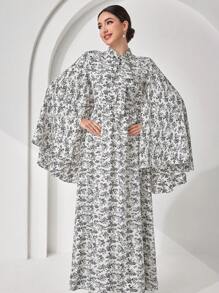 Veilorie Damen Kleid mit ganzflächigem Blumen-Muster, Langarm mit Vorder-Bindung - Schwarz und Weiss - Übersicht 8