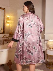 LuxeNights Floral Print Plus Size Loungewear Set Including Robe And Pajama