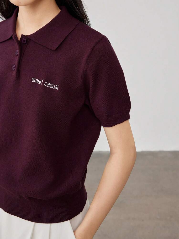 Women's Casual Embroidered Letter Short Sleeve Knitted Top, Business Casual, Back To School , Teacher