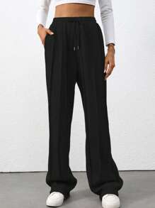 Flirla Tall Grey High Waist Drawstring Tie Patchwork Straight Leg Loose Casual Sweatpants, Fashionable & Simple Design, Suitable For Tall Women, Autumn/Winter Graduation,Back To School Outfits,Graduation,Teacher Outfits For Women,Back To School Fall Cloth For Women - Black - View 4