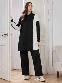 Seusyu 2pcs Women Casual/Office Outfit: Round Neck Color Block Side Slit Top And Loose Fit Pants, Black 2 Pieces Set Fall Cloth For Women - Black - View 1