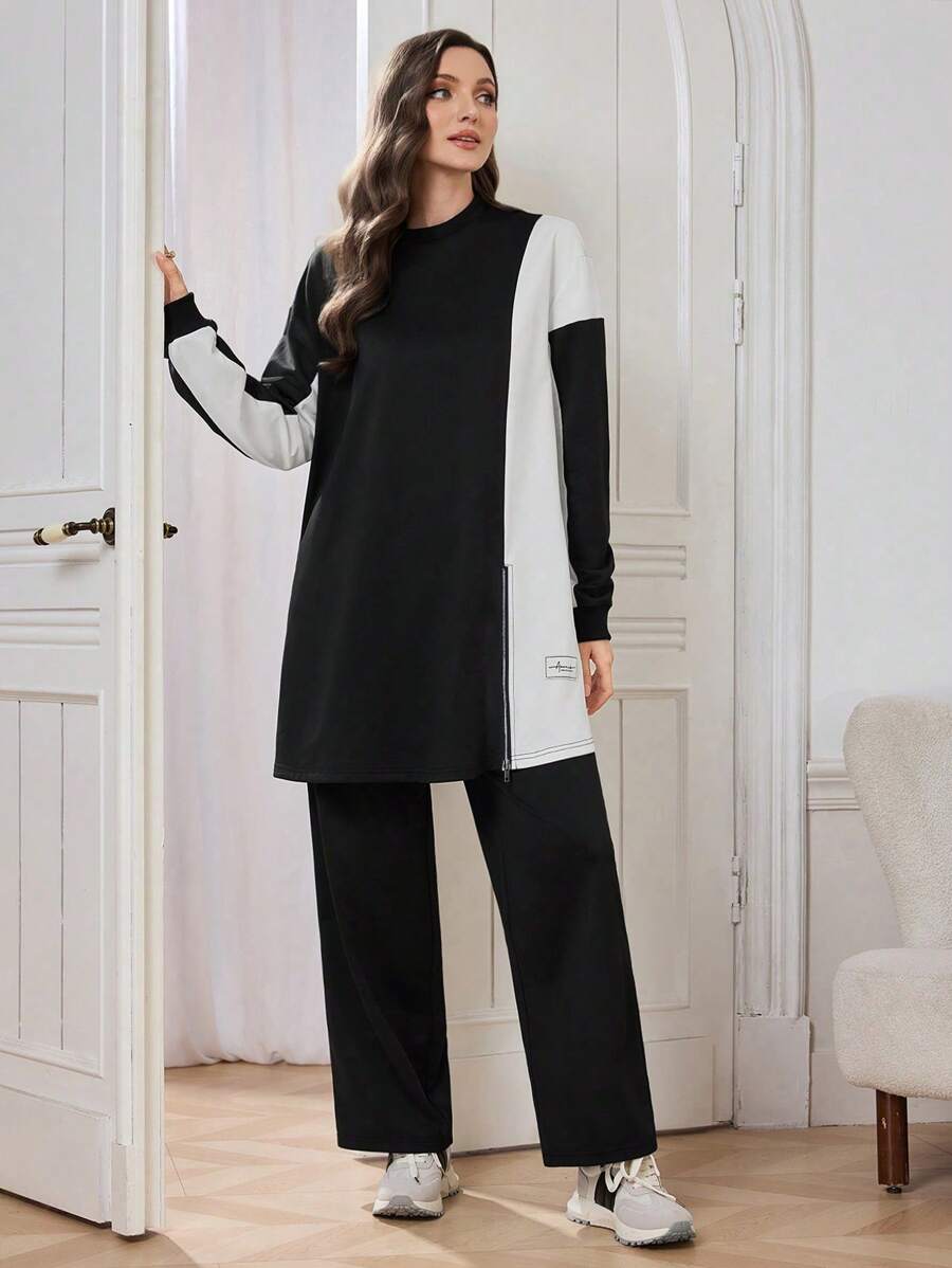 Seusyu 2pcs Women Casual/Office Outfit: Round Neck Color Block Side Slit Top And Loose Fit Pants, Black 2 Pieces Set Fall Cloth For Women - Black - View 1