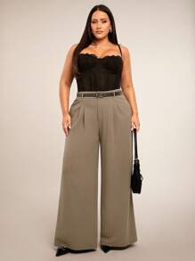 SHEIN BAE Pantalon long simple de style quotidien pour femmes grandes tailles, couleur kaki avec décoration de ceinture, jambe large, convient pour le casual, les rendez-vous, les vacances, le bureau, le travail, le printemps/été - Kaki - Voir 5