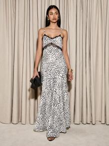 AiiRZ Elegant Maxi Slip Dress Animal Print Black White Lace Trim Evening Cocktail Party Special Occasion Spaghetti Strap Full Length Dress