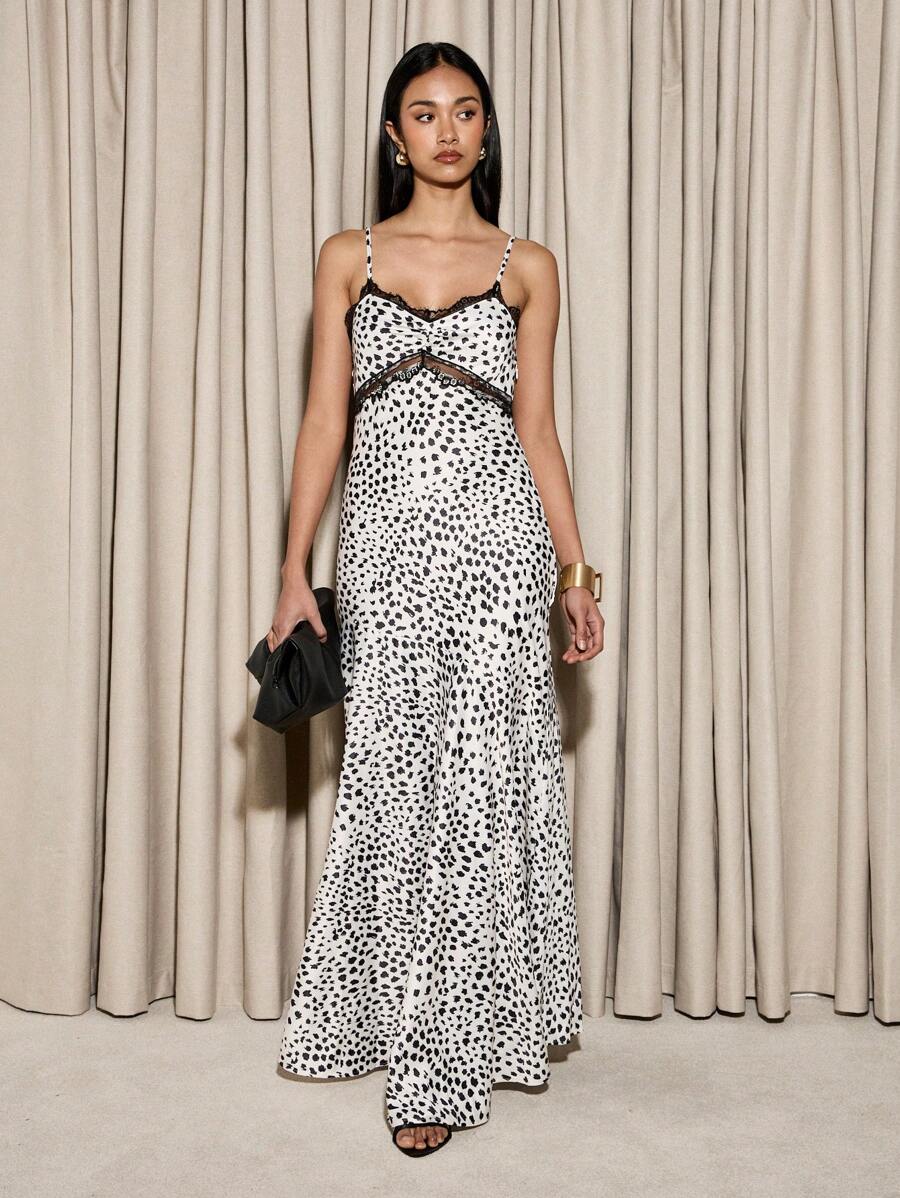 AiiRZ Elegant Maxi Slip Dress Animal Print Black White Lace Trim Evening Cocktail Party Special Occasion Spaghetti Strap Full Length Dress
