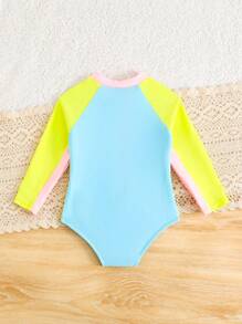 Traje de baño de una pieza de manga larga, ajustado, con cremallera frontal y unicolor para bebé niña - Multicolor - Ver 2
