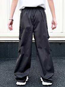 Manfinity EMRG Men's Solid Color Drawstring Pocket Simple Design Casual Cargo Pants, Daily Casual Wear - Dark Grey - View 2