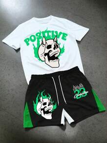 Manfinity EMRG 男士年轻街头风格 INS 商品白色圆领 T 恤和黑色短裤套装，火焰骷髅和数字 23 街头图案，绿黑配色。男士两件套服装，绿色图案 T 恤，超大图案 T 恤
