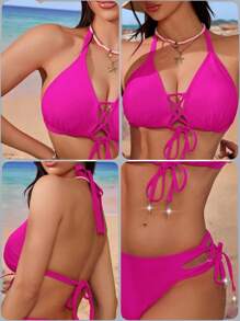 Swim DD+ High Waist Halter Sexy Bikini Set Summer - Hot Pink - View 6