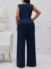 SHEIN Lady Plus Size Sleeveless Color Block -Block Split V-Neck Maxi High-Waisted Wide-Leg Pants For Tall Women Four Seasons - Navy Blue - View 2