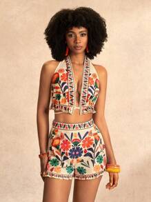 Zivah 2025Women's Spring/Summer All-Match Versatile Casual Outfit, Suitable For Music Festivals, Easter, Western Style, Boho, Nashville, Birthday Party, Graduation, Student Wear, Daily Outings, Vacation, Cruise Travel, Beach, Sunbathing. Features Prints, Open Back, Ties, Frill Trim - Multicolor - View 6