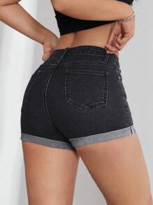 SHEIN EZwear Pantalones cortos vaqueros ajustados de corte casual con puños - Gris - Ver 2