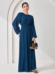 Veilorie Vestido maxi modesto de unicolor con cuello redondo y manga larga, estilo minimalista y casual para mujer