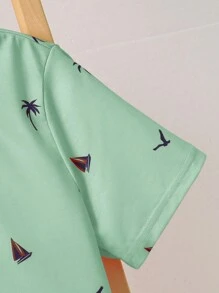 SHEIN Tween Boys Casual Vacation Coconut Tree, Sailing Boat, Seagull Print Loose Polo Shirt, Short Sleeve - Mint Green - View 4
