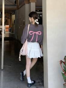 DAZY Camiseta oversize de cuello redondo con estampado de lazo de unicolor y manga corta, camisetas gráficas - Negro - Ver 3