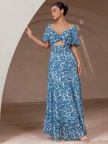 Aveloria Rosie 花卉雪纺印花扭结胸前和镂空腰部设计喇叭下摆长袖女式连衣裙 - 彩色 - 查看 5