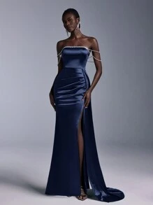 Elitara Luxurious Off-Shoulder Beaded Trim High Slit Fish Tail Maxi Evening Dress (Heavy Embellishment) For Women, Elegant Formal Gown, For Wedding Guest, Graduation, Dinner Party Dress - Navy Blue - View 7