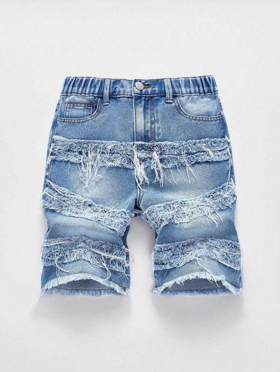 休闲时尚百搭舒适重磅水洗，街头风图案刺绣贴片，街头服饰户外潮流单品，适合青少年男孩 - 中等水洗藍 - 查看 1