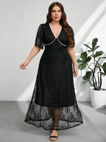 Firerie Plus Size Women's Short Sleeve Backless Contrast Color "Valentine Lover" Black Lace Dress