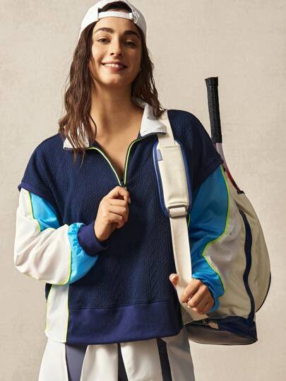 VARSITIE 长袖运动上衣，面料混纺提花针织荧光条纹宽松休闲运动卫衣