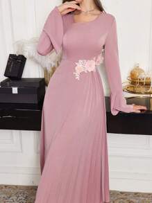 Modelyn Women Elegant Solid Color 3D Floral Decor Bell Sleeve Dress