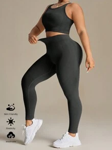 SHEIN Rhythm Era Plus Size Women Solid Color Cropped Tank Top And Leggings Seamless Sport Set Workout Women Sets
