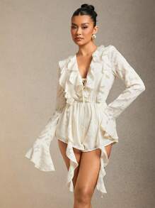 L'Amorae Summer Women Outfit, Women Clothes, Romantic Elegant White Floral Jacquard Ruffle Flounce Sleeve Romper, Women Rompers. For Date Night, Concerts, Performances, Wedding, Parties, Evening, Music Festivals