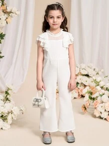 Young Girl Solid Color Frill Trim Simple Romper, Casual Daily Wear - White - View 1