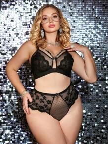2 pièces Ensemble de lingerie en maille à pois avec application de dentelle, taille grande et sexy