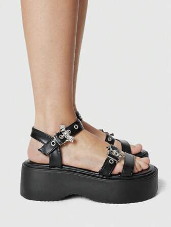 Damen Gothic-Stil Sommer Peep-Zehen Riemen Schnalle Punk Rock Römisch Strand Plateau-Sandalen mit dicken Sohlen
