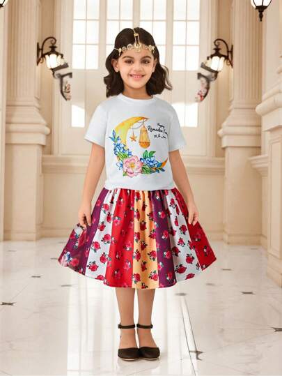 年轻女孩金色花朵 Abaya Kaftan Jalabiya 斋月斋月朴素当地服装，棕褐色玫瑰花瓣印花长裙围兜褶边，适合 1 个包，舒适针织 T 恤褶边分层裙，俏皮 2 件套