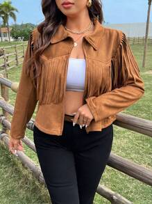Sunspun Plus Size Faux Suede Fringe Short Jacket Fall Winter Cloth For Women Autumn