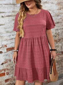 SHEIN LUNE 大码夏季纯色纹理荷叶边下摆休闲度假连衣裙、西装、节日波西米亚嬉皮女牛仔装老钱波西米亚风 - 藕粉色 - 查看 3