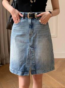 DAZY Women's Button Front Pocket Casual Denim Mini Skirt, Everyday Wear Jeans Skirt - Medium Wash - View 2