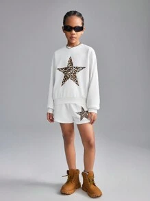 SHEIN Conjunto informal de 2 piezas de sudadera con hombros caídos y shorts con estampado de leopardo y estrellas para niñas preadolescentes, de primavera/verano, de ajuste holgado