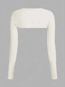 SHEIN EZwear 女士纯色长袖修身短款上衣，休闲日常穿着 - 米色 - 查看 2