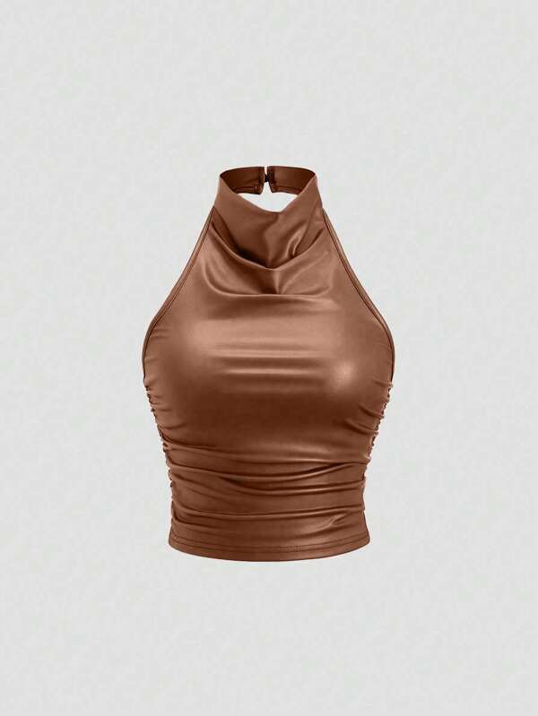 Sweetra Women Coated Pleated Mock Neck Solid Color Tank Top, Versatile For Casual And Commute Y2K Outfit 