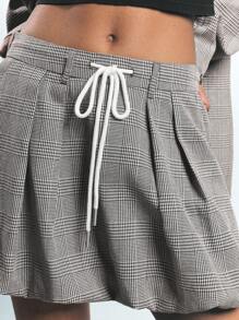 Maija Falda plisada con cintura anudada a cuadros gris, tipo línea A, con bolsillos laterales, casual y versátil para primavera, verano y otoño