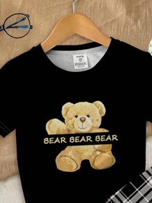 SHEIN Leap Crew Tween Girl 休闲熊和格子图案短袖上衣和紧身裤套装，贴身罗纹面料，适合春夏季 - 彩色 - 查看 3