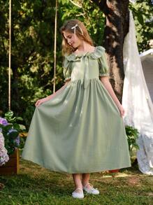 SHEIN Tween Girls Ruffled Sleeve Waist Cinched Dress, Elegant Party Vacation Dress, Princess Formal Wear, Flower Girl Dress, Suitable For Wedding Season, Floral Decor, No Traditional Patternholiday,Summer,Travel,Getaway - Green - View 4