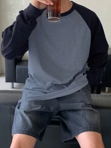 DAZY Áo thun nam cổ tròn tay dài họa tiết chắp vá nhiều màu, thường ngày, quần áo trở lại trường - Màu xanh lam - Xem 4