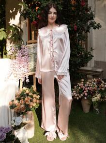 蕾丝拼布彼得潘领甜美女孩仿丝开衫配蝴蝶结睡衣套装 - 粉色 - 查看 4