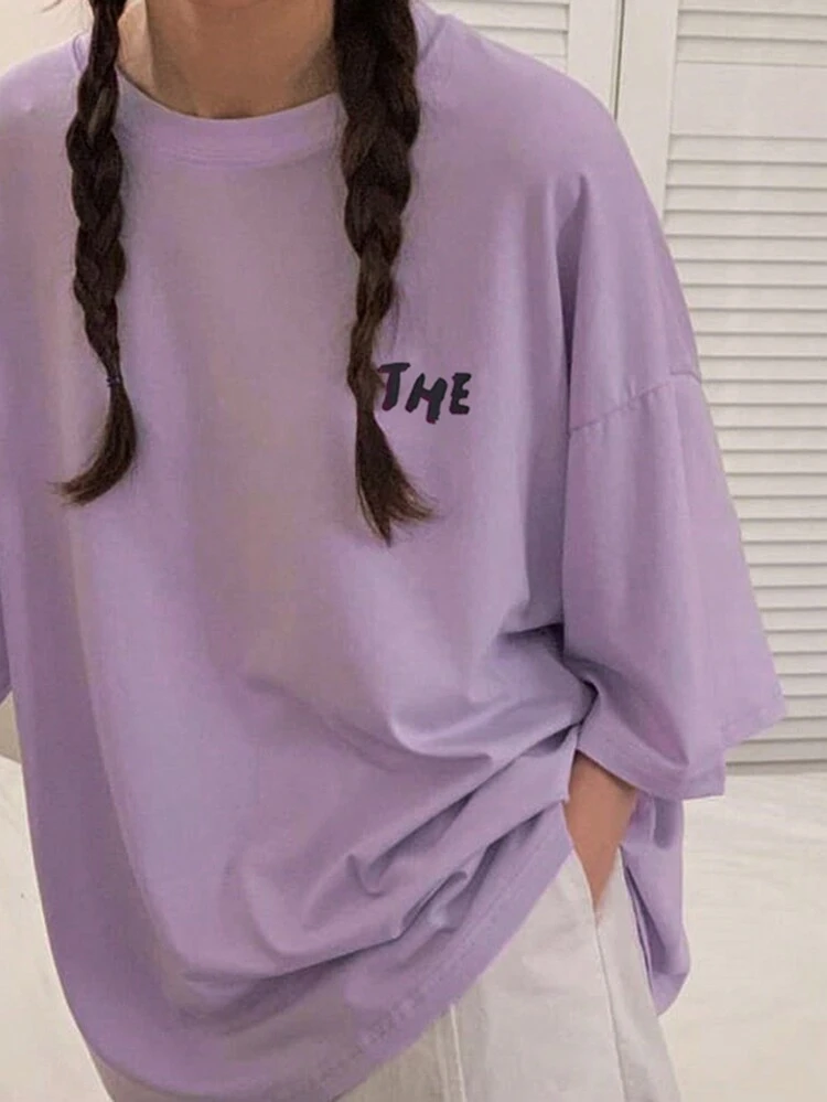 Women's Colorful Letter Printed Loose Fit Crew Neck Short Sleeve Purple T-Shirt, Spring, Summer Cute Top, Graphic Tee, Teacher Preppy Top Vacation