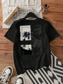 Attitoon 休闲宽松棕榈树印花圆领短袖棉质女式 T 恤，适合夏季 - 黑色 - 查看 1